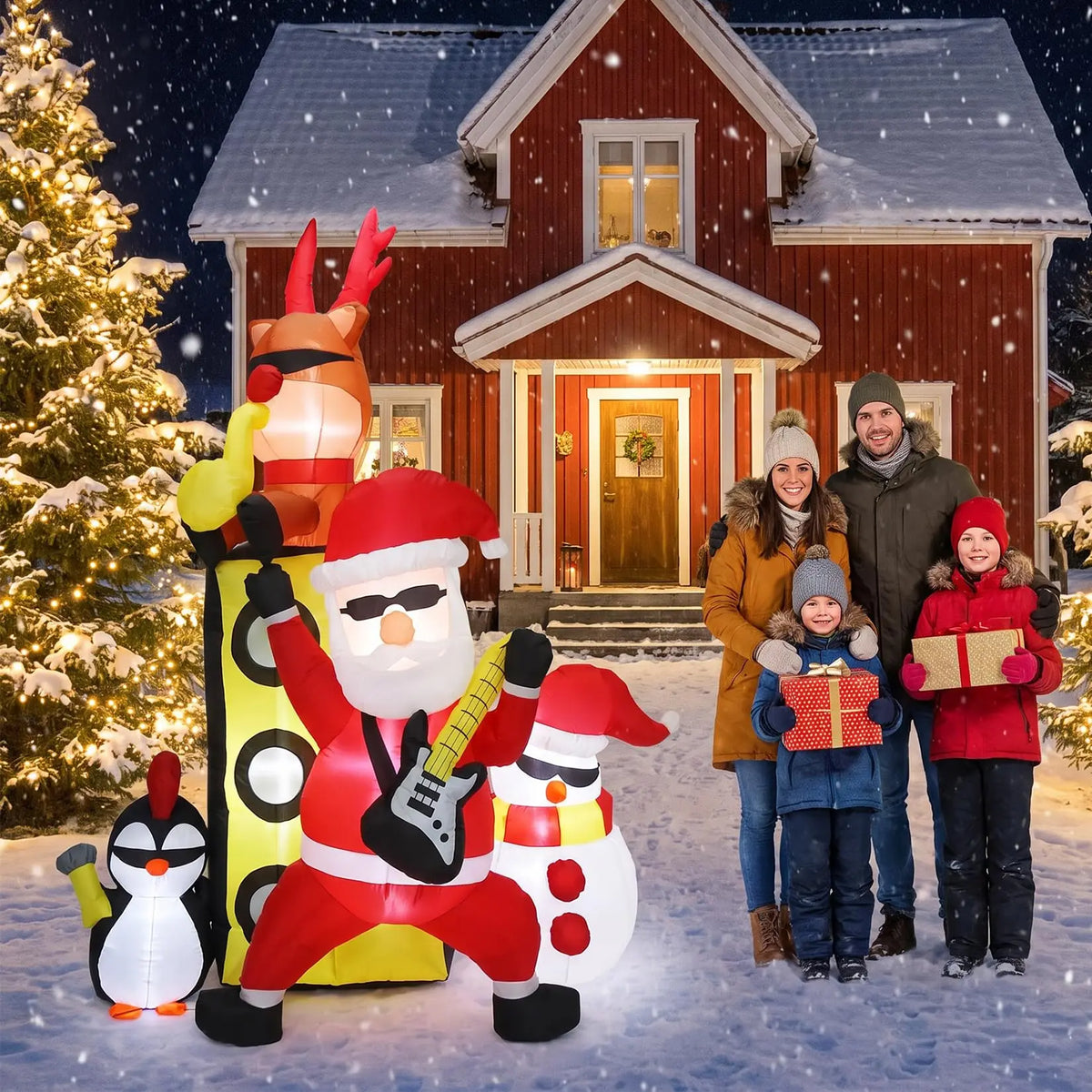 7FT Christmas Inflatable Santa Band With Reindeer Snowman Penguin 5 LED Lights, Blow Up Outdoor Toy For Yard Lawn Porch Party Decor