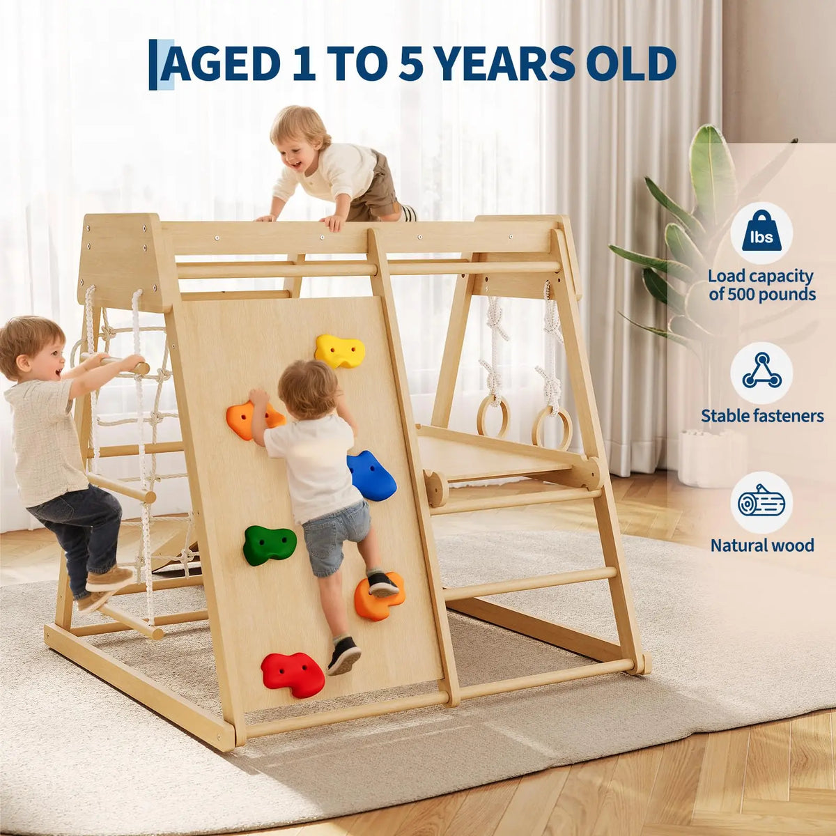 6 In 1 Wooden Indoor Jungle Gym For Kids, Slide Climber Playset With Monkey Bars, Rock Wall, Rope Net, Rings & Ladder For Home