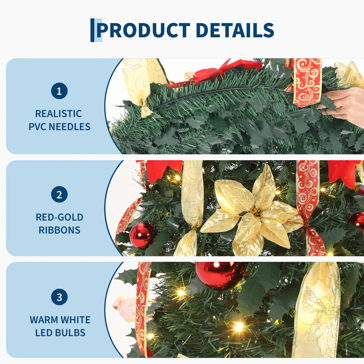 6FT Pre-Lit Pop Up Pencil Christmas Tree, 200 Warm White LED Lights, 8 Modes, Red Gold Ribbon Poinsettia Decor, Slim Holiday Tree