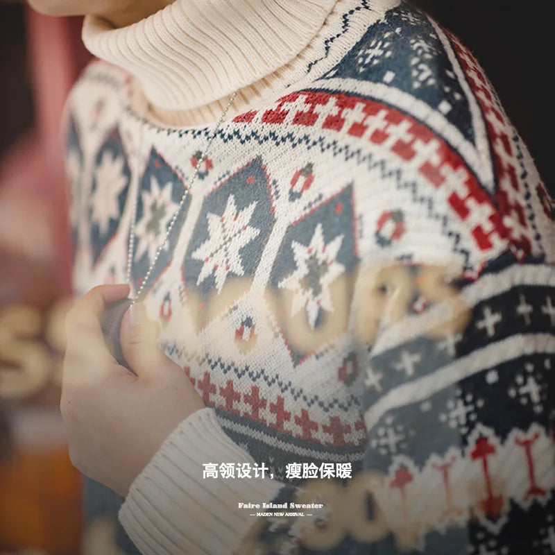 Maden Vintage Fair Isle Knitted Sweater Christmas Warm Turtleneck Knitted Pullover Barn-style Warm Knitwear for Men's Winter
