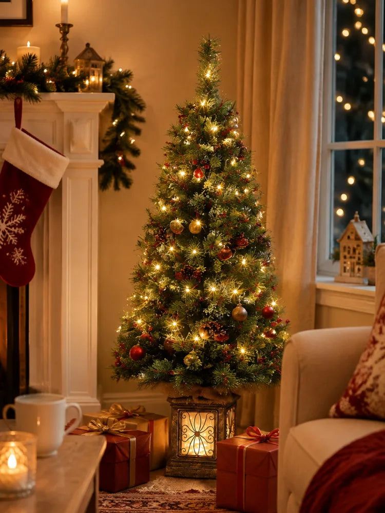 4.5ft Pre Lit Artificial Christmas Tree with 300 LED Lights 8 Modes Timer Battery Operated Realistic Spruce Xmas Decor with Antique Urn Base for Indoor Holiday Home Desk Table Decoration