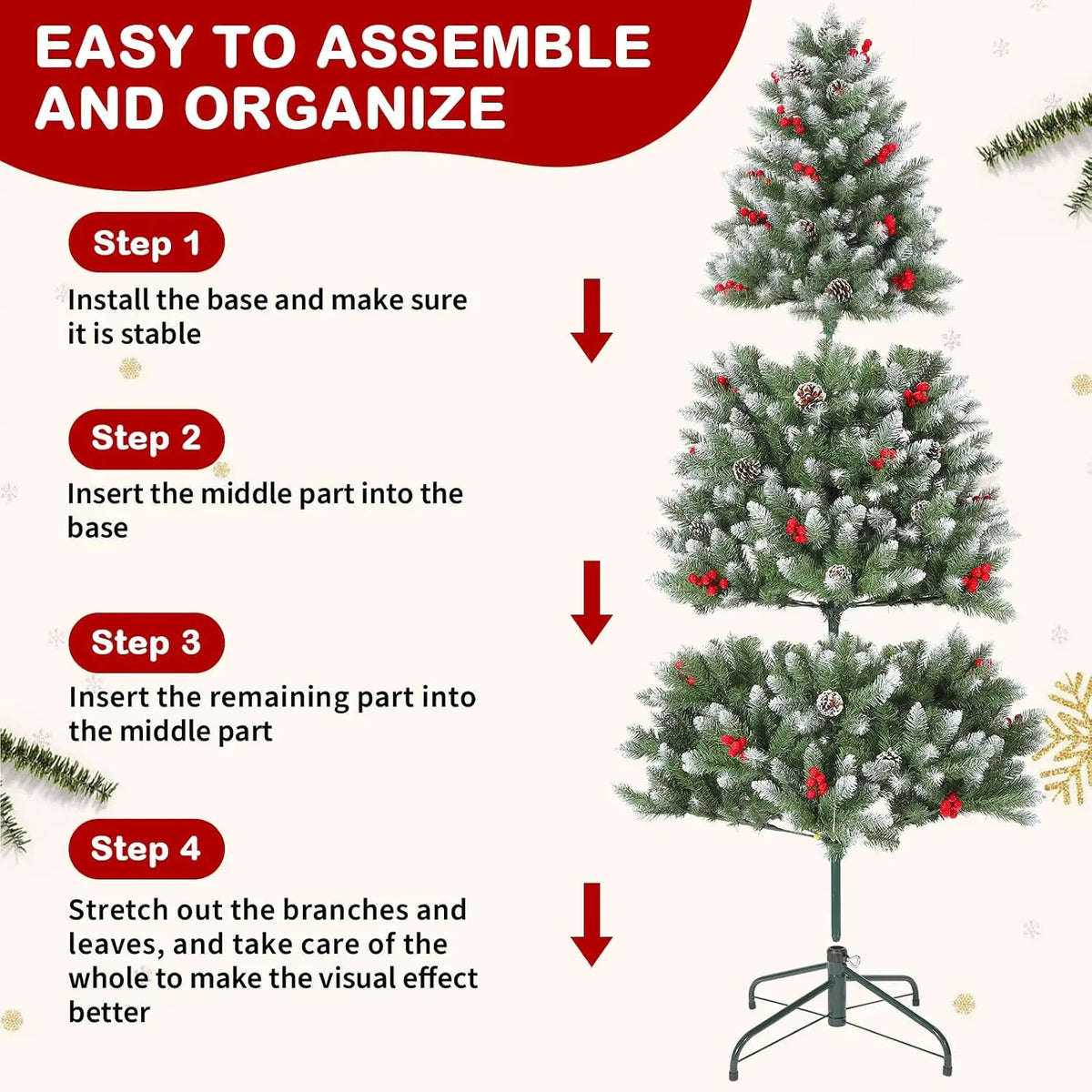 5FT Snow-Flocked Artificial Christmas Tree with Berries – 850 PE/PVC Branch Tips, Easy Assembly Hinged Design, Holiday Decor for Home