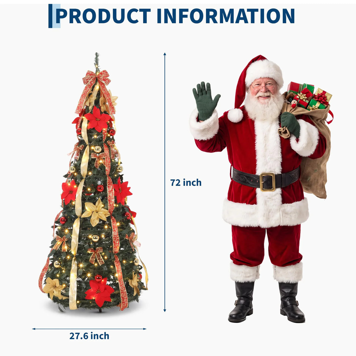 6FT Pre-Lit Pop Up Pencil Christmas Tree, 200 Warm White LED Lights, 8 Modes, Red Gold Ribbon Poinsettia Decor, Slim Holiday Tree