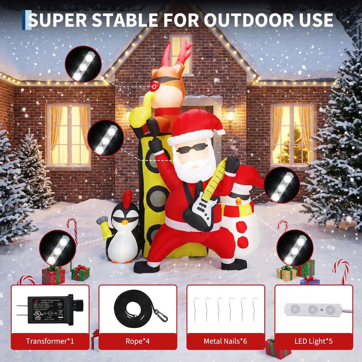7FT Christmas Inflatable Santa Band With Reindeer Snowman Penguin 5 LED Lights, Blow Up Outdoor Toy For Yard Lawn Porch Party Decor