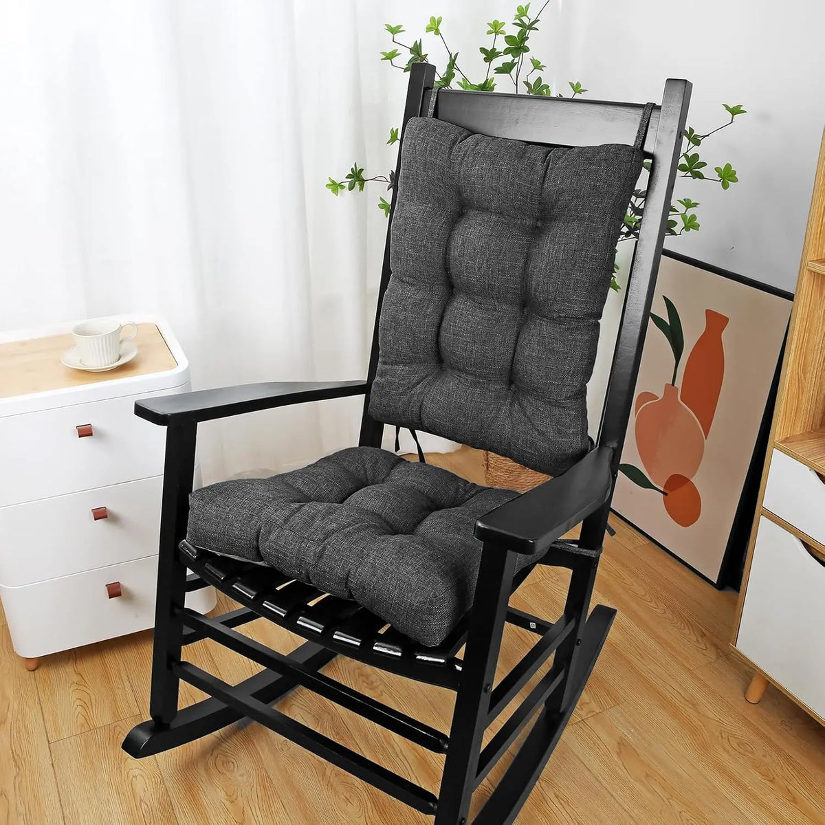 Chair Cushion Set for Rocking Chair, Back Pillow & Seat Cushion with Ties, Original Woven Fabric Non-Slip Chair Pads (Dark Gray)