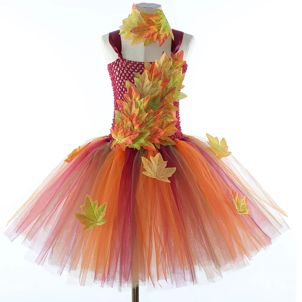 Autumn Maple Leaves Fairy Costumes for Girls Forest Woodland Elf Princess Dresses with Wings Children Halloween Christmas Outfit