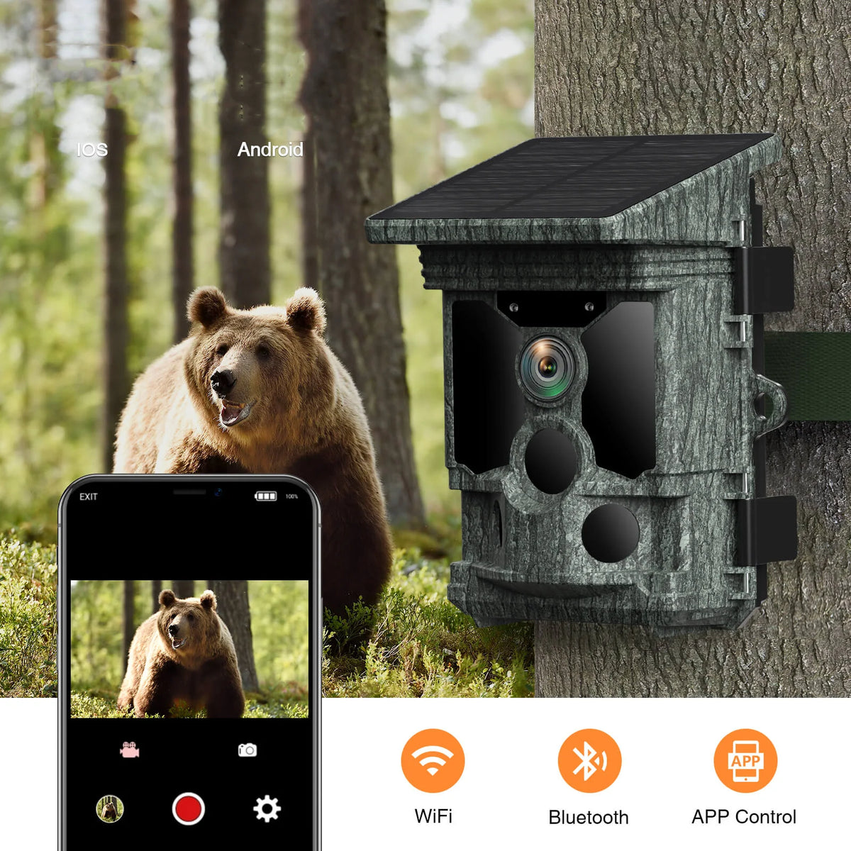 RD7010WF 4K 112MP WIFI Night Vision Wild Game Trail Camera, Solar Powered Camera Traps for Hunting and Home Garden Security