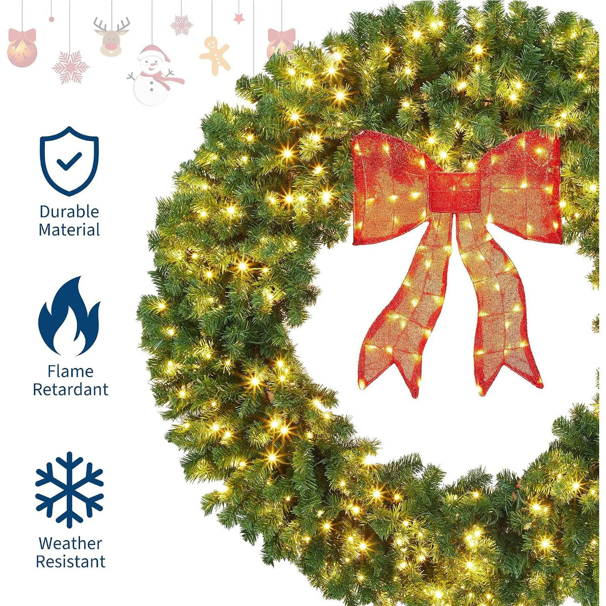 Pre Lit Artificial Christmas Wreath 48 Inch or 60 Inch with Warm White LED Lights Illuminated Red Bow Full PVC Branches Weather Resistant Front Door Wall Window Indoor Outdoor Holiday Decor