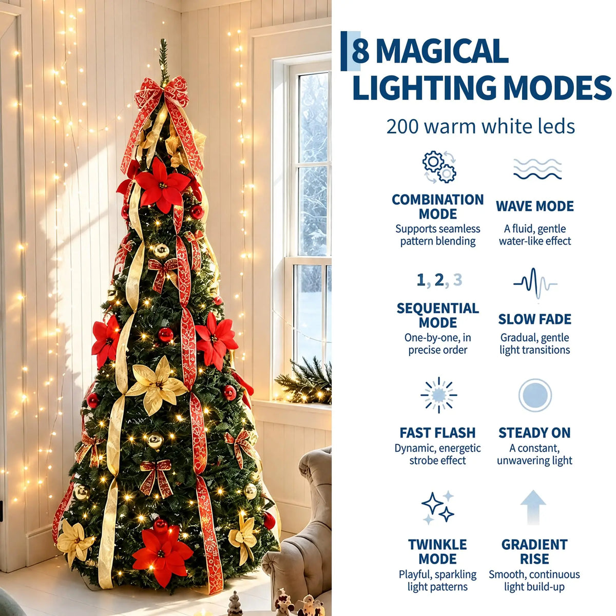 6FT Pre-Lit Pop Up Pencil Christmas Tree, 200 Warm White LED Lights, 8 Modes, Red Gold Ribbon Poinsettia Decor, Slim Holiday Tree