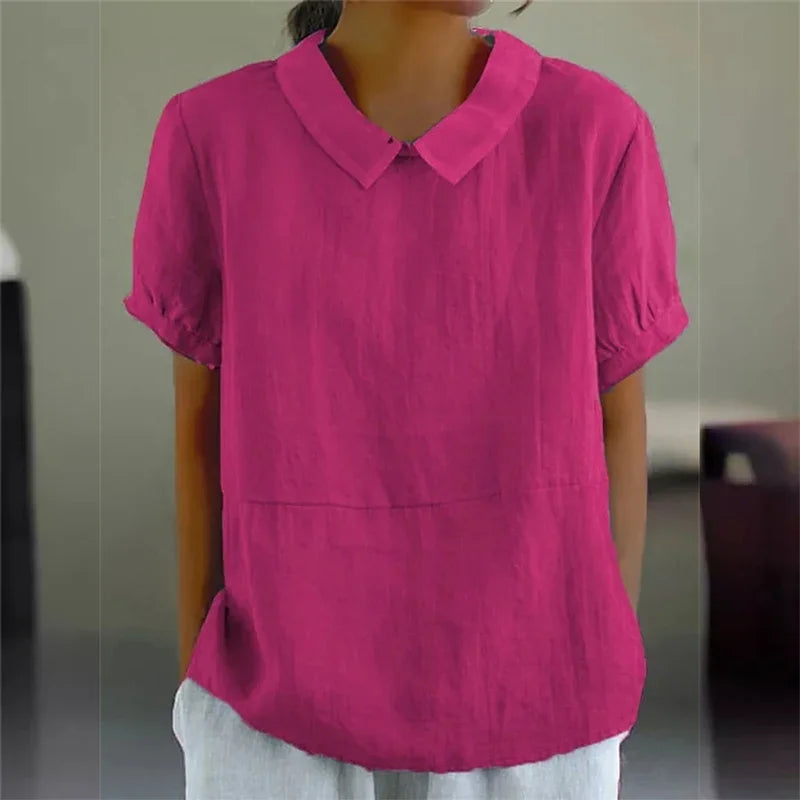 Solid Color Cotton Linen Lapel Pullover Shirt Women Summer Short Sleeve Blouse Female Comfortable Casual Simple Style Tops 2024