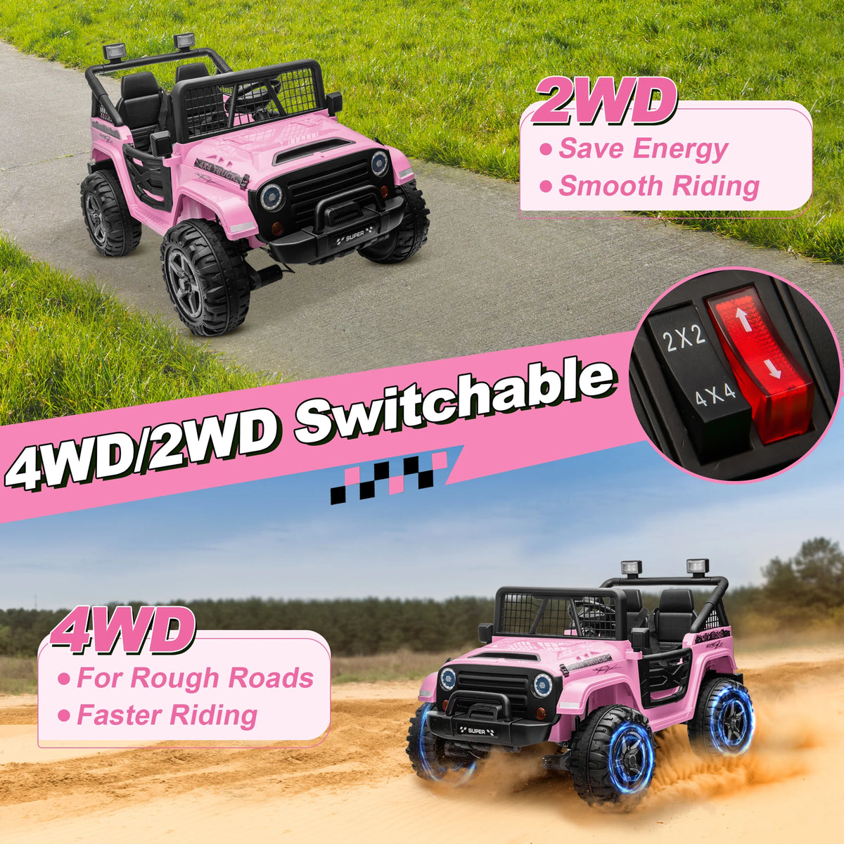 Joyracer 800W 24 Volt Ride on Toys for Big Kids, 4WD/2WD Switchable, 2 Seater Ride on Truck Car W/ Remote Control, Power Car Wheels, 3 Speeds, Spring Suspension, Bluetooth Music, Pink