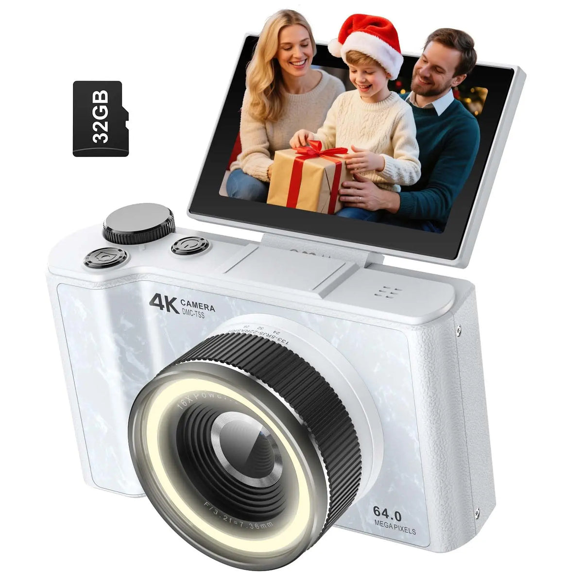 4K Digital Camera for Photography,4k Camera with Ring Light,180° Flip Screen Camera for Vlogging with Beauty Mode,Point and Shoot Digital Cameras for Beginner with SD Card,Christmas Gift