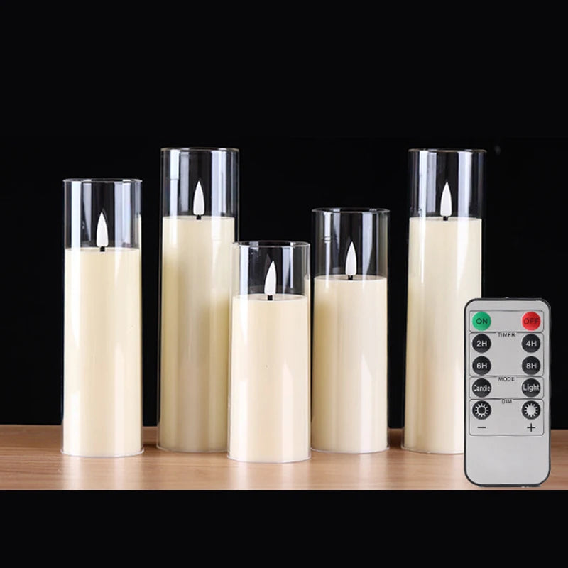3/5x Flameless LED Candle & Remote Timer Battery Operated Acrylic Clear Pillar Wax, Portable Atmosphere Lamp for Christmas Déc