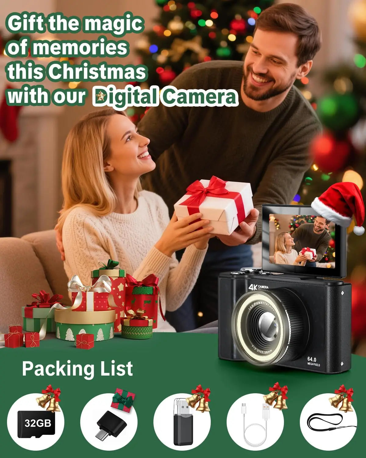4K Digital Camera for Photography,4k Camera with Ring Light,180° Flip Screen Camera for Vlogging with Beauty Mode,Point and Shoot Digital Cameras for Beginner with SD Card,Christmas Gift