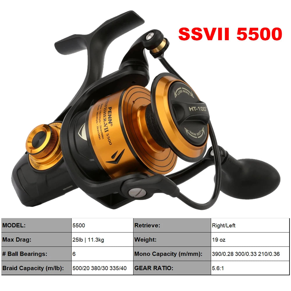 Penn Spinfisher VII Spinning Fishing Reel 3500/5500/6500/7500/8500/10500 HT-100 Carbon Fiber Drag Washers Spinning Wheel