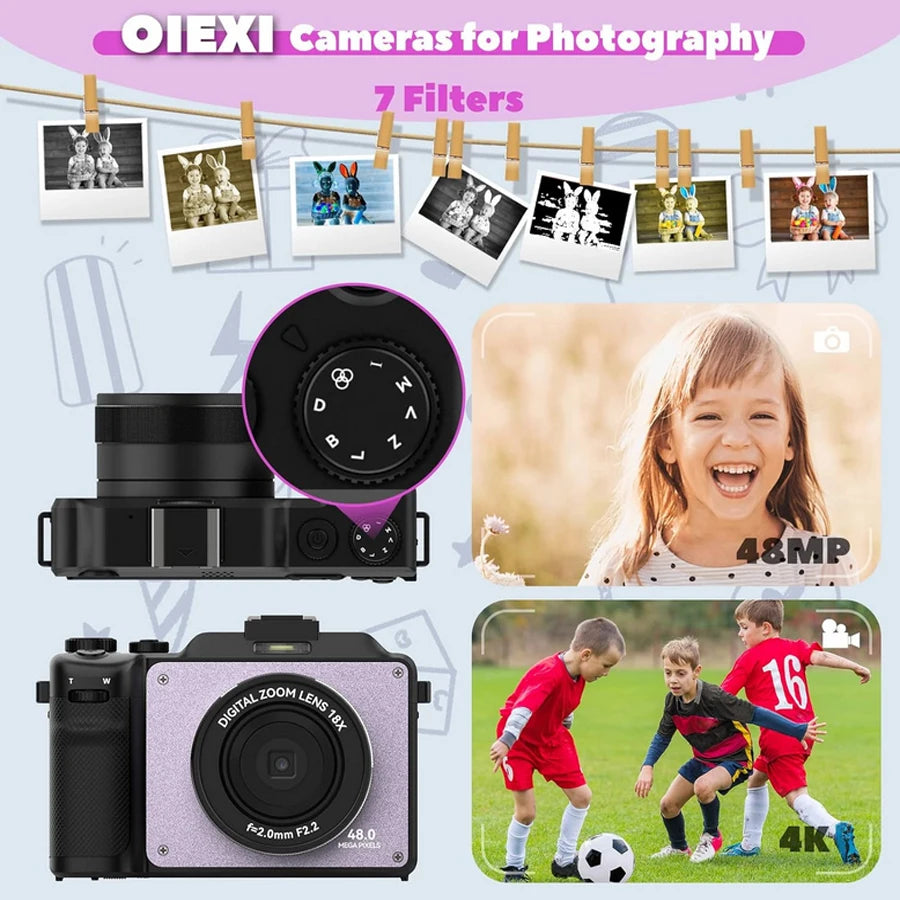 48MP Camera for Photography,4K Digital Camera for Kids and Adults with Front and Rear Dual Cameras,18X Digital Zoom,Built-in 7 C