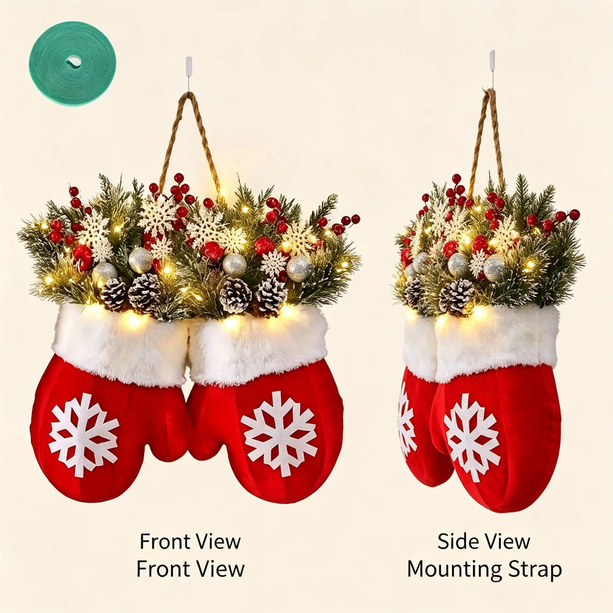 LED Twinkling Christmas Wreath with Twinkling & Artificial Pine Garland - Suitable for Front Door, Wall Decor, / Holiday Decoration - Plastic Mitten Wreath with Red Berries and Pine Branches