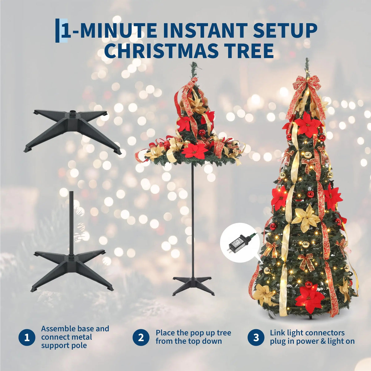 6FT Pre-Lit Pop Up Pencil Christmas Tree, 200 Warm White LED Lights, 8 Modes, Red Gold Ribbon Poinsettia Decor, Slim Holiday Tree