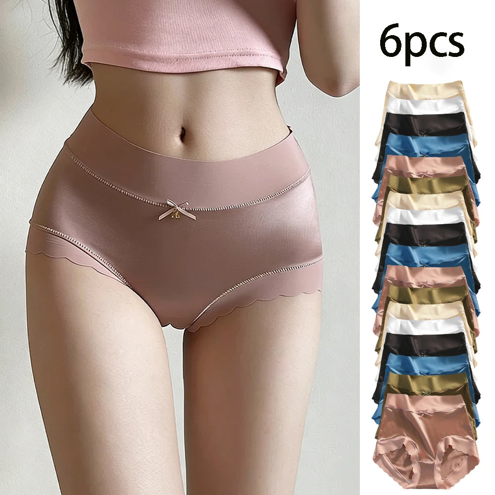 6pcs Plus Size Women's Seamless Luxury Satin Briefs Mid-Waist Ruffle Mulberry Silk Butt-Lifting Panties Skin-Friendly Crotch, Sexy, Stretchy UnderWear for Women