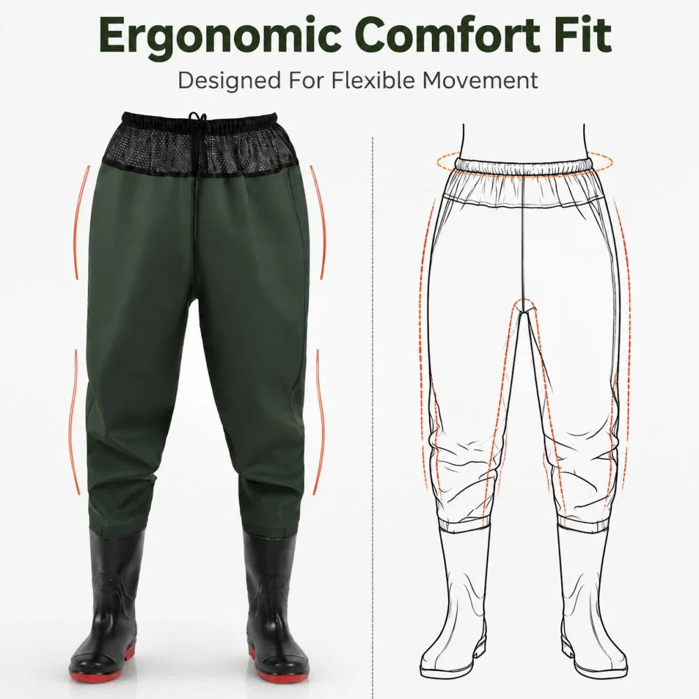 Waist High Fishing Waders for Men Women Waterproof Nylon PVC Wading Trousers with Boots Lure Fishing Size 6-14