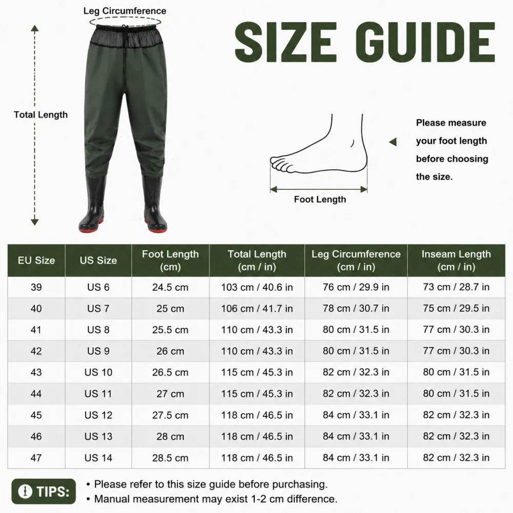 Waist High Fishing Waders for Men Women Waterproof Nylon PVC Wading Trousers with Boots Lure Fishing Size 6-14