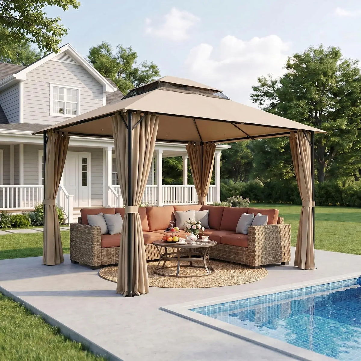 10×10 Gazebo with Cold-Proof Curtains ,Heavy Duty Gazebo Double Roof with Metal Frame,Tents for Patio, Deck,Backyard