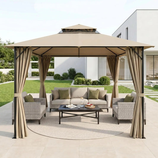 10×10 Gazebo with Cold-Proof Curtains ,Heavy Duty Gazebo Double Roof with Metal Frame,Tents for Patio, Deck,Backyard