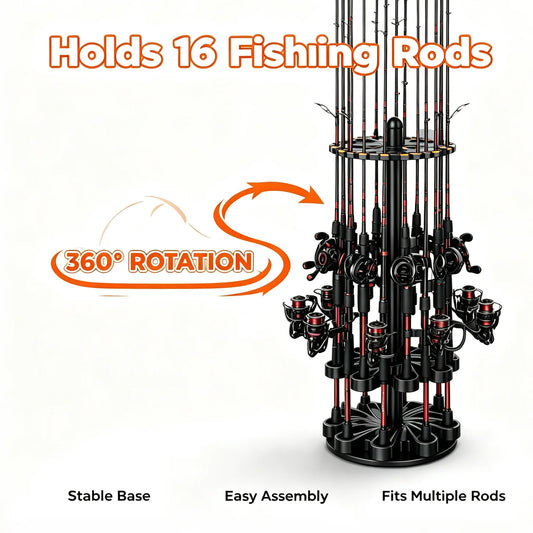 Rotating Fishing Rod Holder, Holds 16 Rods Combos, 360° Spinning Floor Fishing Rod Rack, Heavy‑Duty ABS Fishing Pole Storage Organizer for Garage Tackle Room
