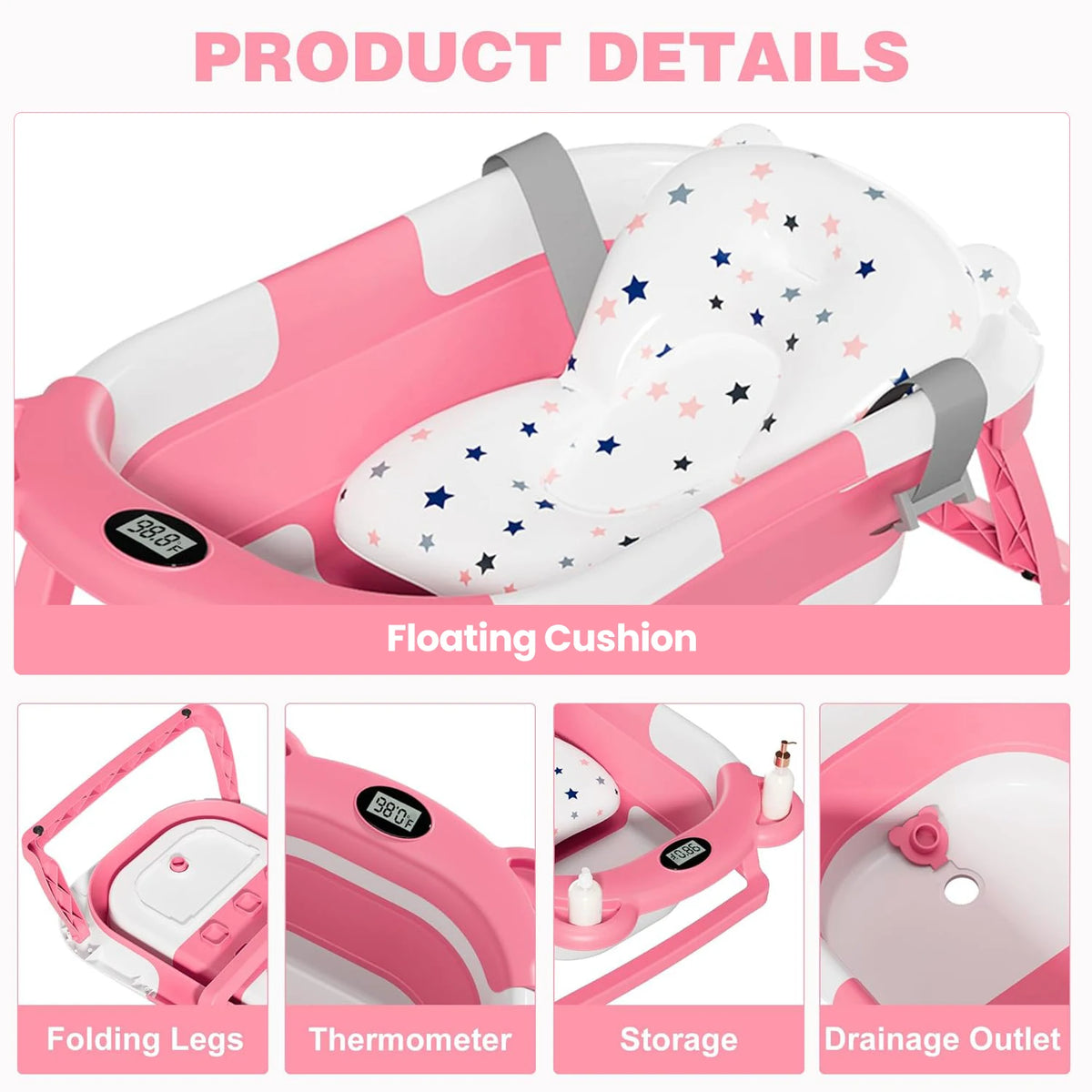 Newborn Collapsible Baby Bathtub Portable Travel Tub with Thermometer And Soft Floating Cushion Drain Hole Baby Tubs