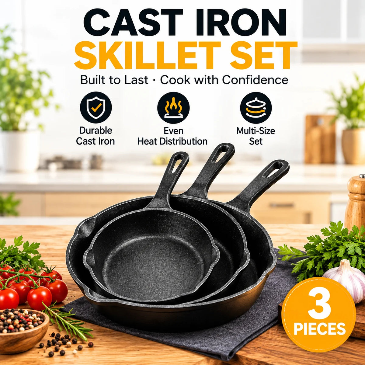 3PCS Cast Iron Skillet Set, Non-Stick Frying Pans with Drip Spout for Camping, RV & Home Cooking