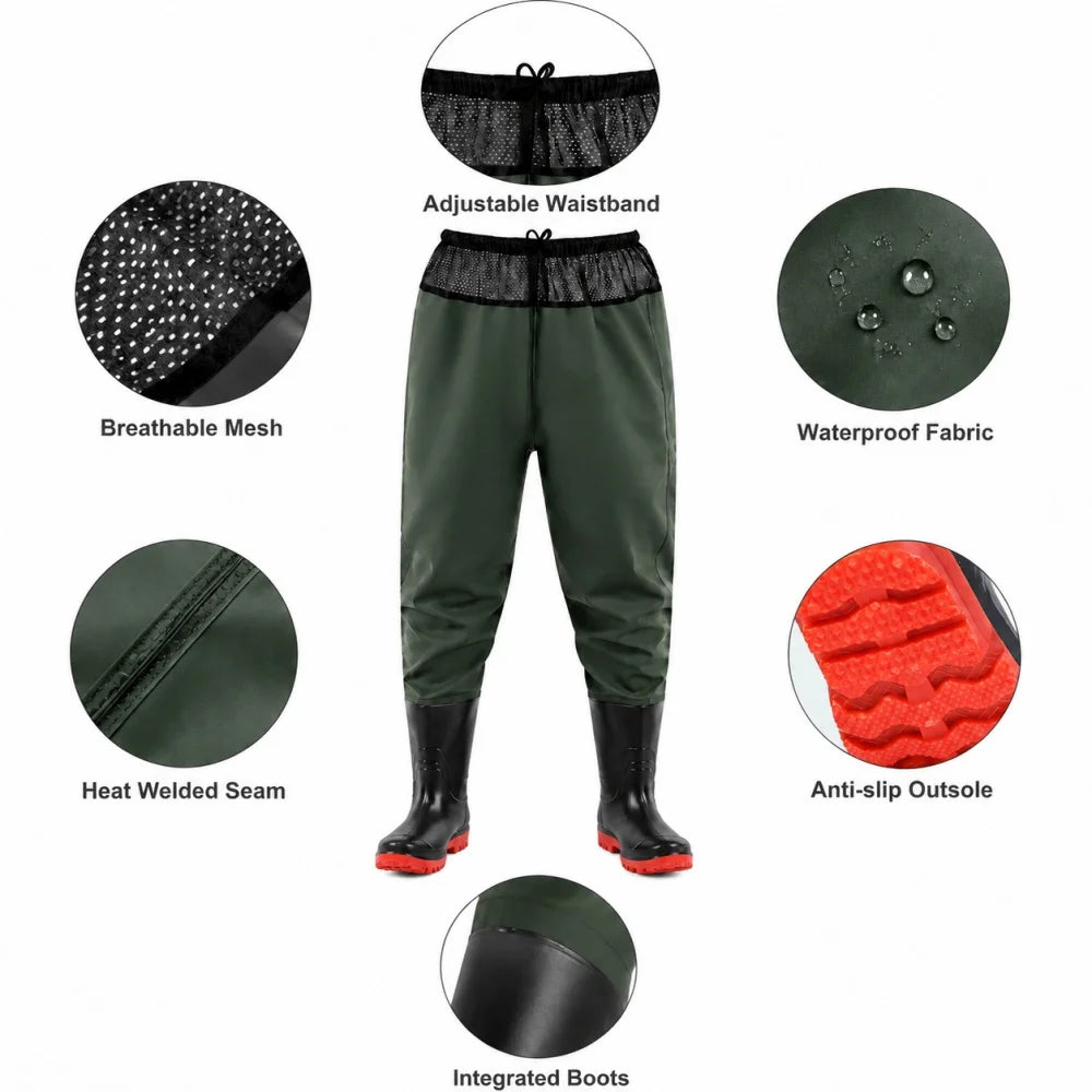 Waist High Fishing Waders for Men Women Waterproof Nylon PVC Wading Trousers with Boots Lure Fishing Size 6-14
