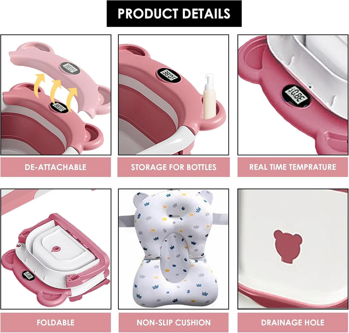 Newborn Collapsible Baby Bathtub Portable Travel Tub with Thermometer And Soft Floating Cushion Drain Hole Baby Tubs