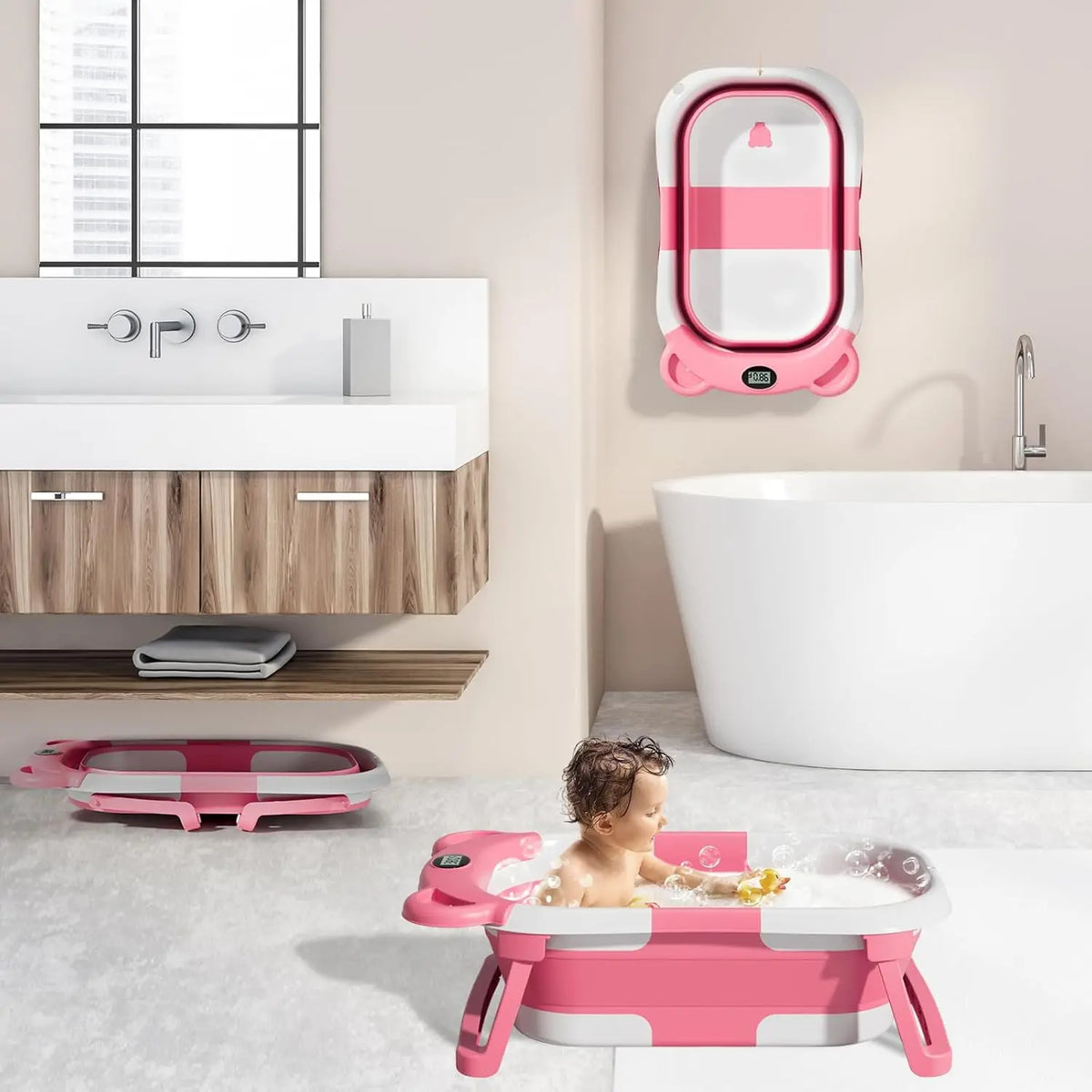 Newborn Collapsible Baby Bathtub Portable Travel Tub with Thermometer And Soft Floating Cushion Drain Hole Baby Tubs