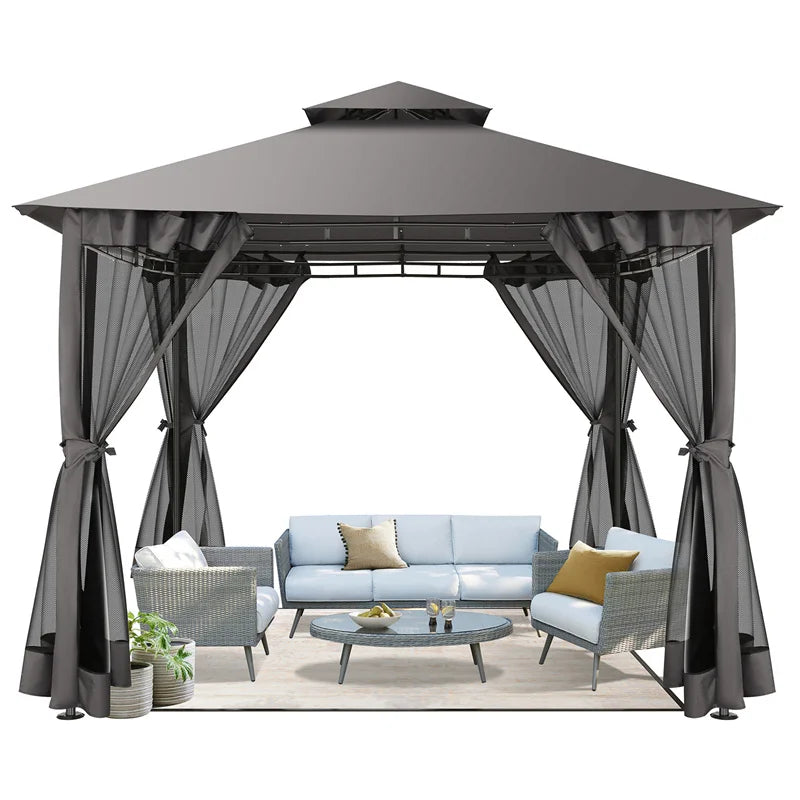 10×10 Gazebo with Cold-Proof Curtains ,Heavy Duty Gazebo Double Roof with Metal Frame,Tents for Patio, Deck,Backyard