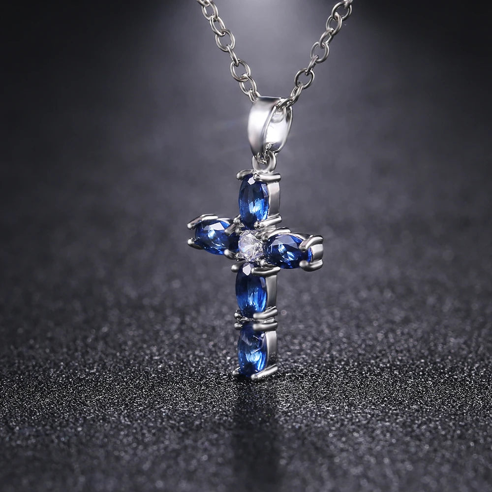 Huitan Fashion Oval Blue Stone Cross Pendant Delicate Women Necklace Daily Wear Anniversary Christmas Gift High Quality Jewelry