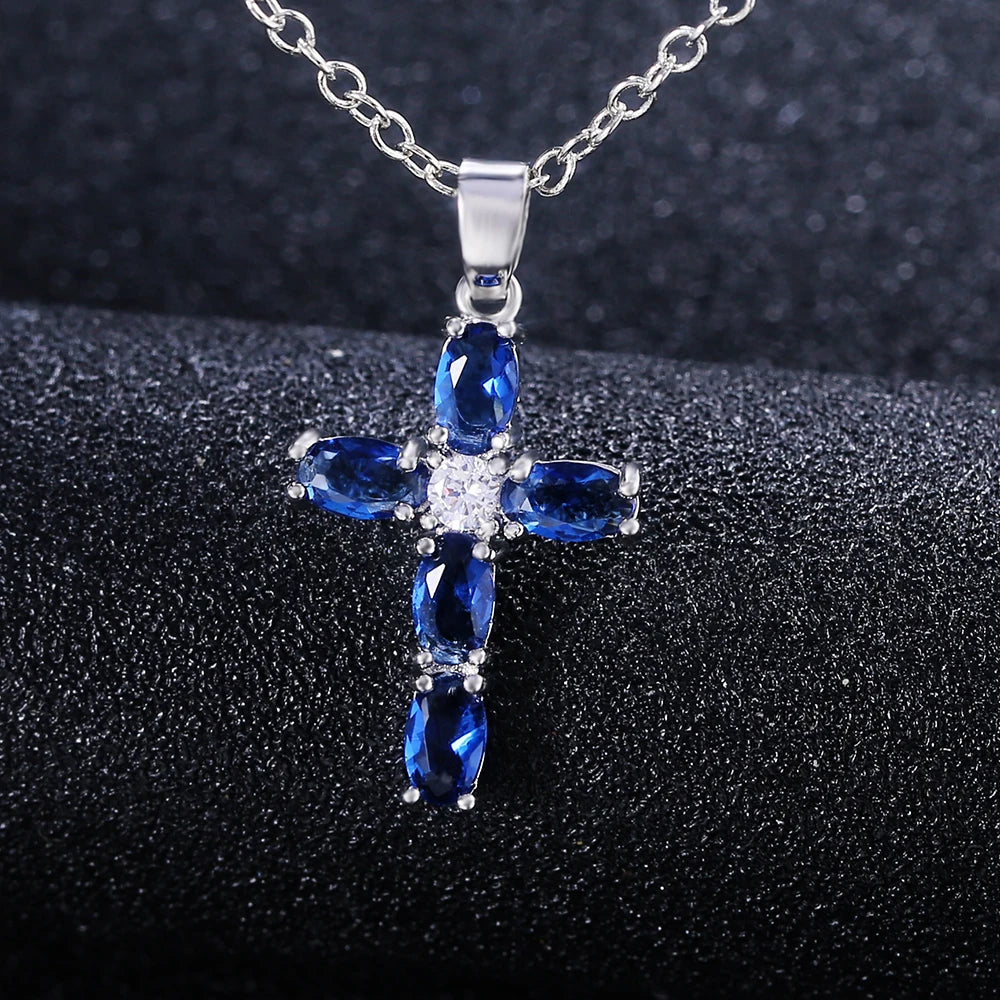 Huitan Fashion Oval Blue Stone Cross Pendant Delicate Women Necklace Daily Wear Anniversary Christmas Gift High Quality Jewelry