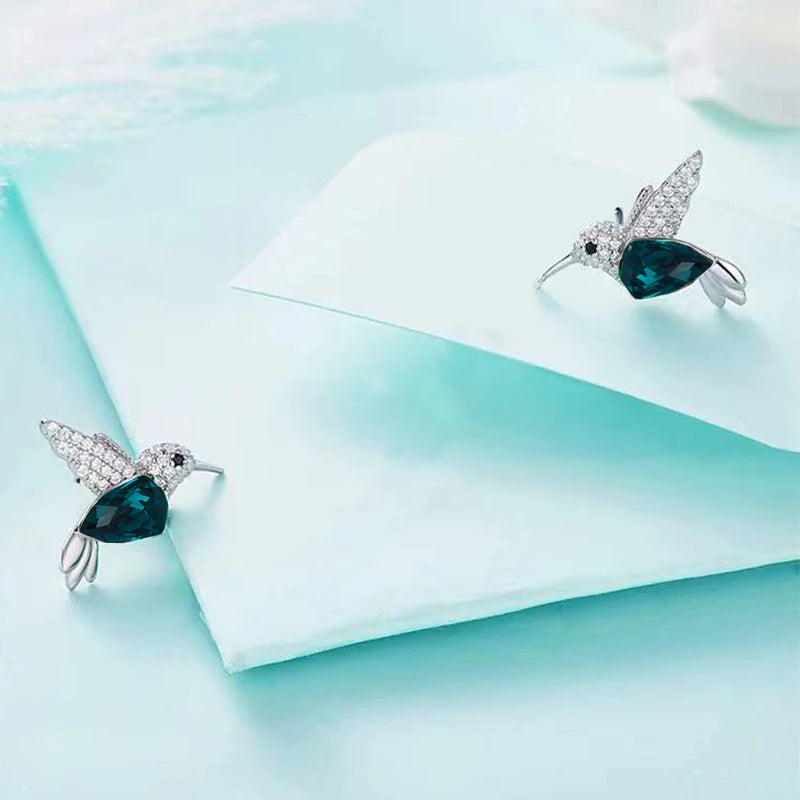 COCOM S925 Sterling Silver Hummingbird Crystal Stud Earrings for Women Girls Earrings 2021 Trend Christmas Fine Jewelry Gift
