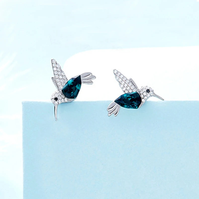 COCOM S925 Sterling Silver Hummingbird Crystal Stud Earrings for Women Girls Earrings 2021 Trend Christmas Fine Jewelry Gift