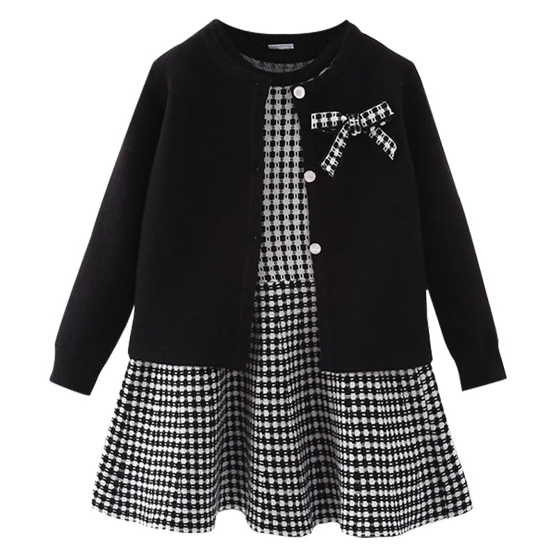 Autumn Children's Baby Sweater Knitting Long Sleeve Dress Christmas Day Party Girl's Plaid Sweater Coat Plaid Vest Suit Dress