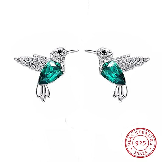COCOM S925 Sterling Silver Hummingbird Crystal Stud Earrings for Women Girls Earrings 2021 Trend Christmas Fine Jewelry Gift