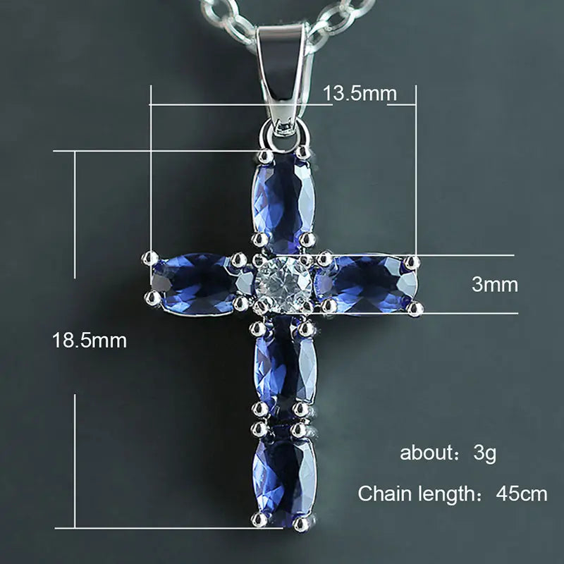 Huitan Fashion Oval Blue Stone Cross Pendant Delicate Women Necklace Daily Wear Anniversary Christmas Gift High Quality Jewelry