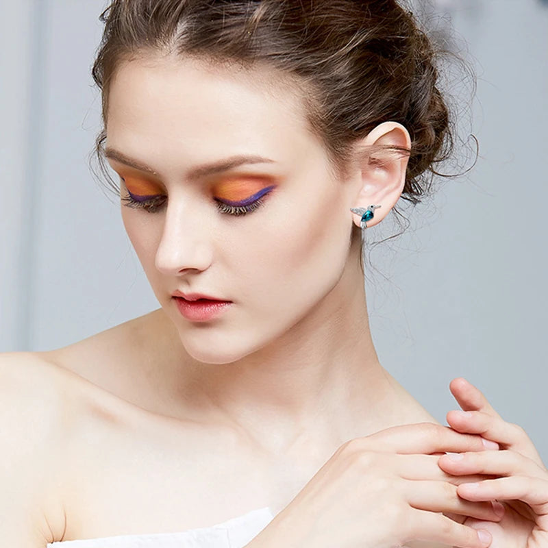 COCOM S925 Sterling Silver Hummingbird Crystal Stud Earrings for Women Girls Earrings 2021 Trend Christmas Fine Jewelry Gift