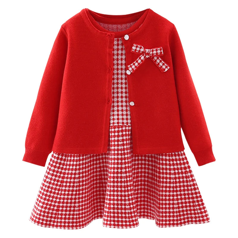 Autumn Children's Baby Sweater Knitting Long Sleeve Dress Christmas Day Party Girl's Plaid Sweater Coat Plaid Vest Suit Dress
