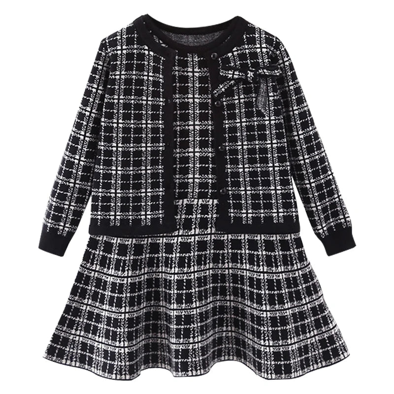 Autumn Children's Baby Sweater Knitting Long Sleeve Dress Christmas Day Party Girl's Plaid Sweater Coat Plaid Vest Suit Dress