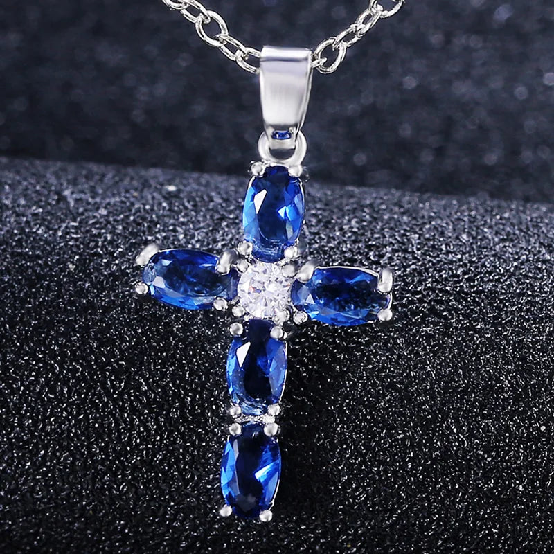 Huitan Fashion Oval Blue Stone Cross Pendant Delicate Women Necklace Daily Wear Anniversary Christmas Gift High Quality Jewelry