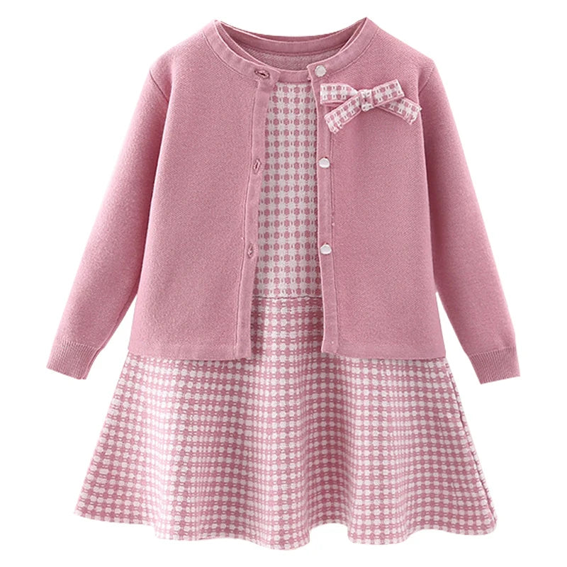 Autumn Children's Baby Sweater Knitting Long Sleeve Dress Christmas Day Party Girl's Plaid Sweater Coat Plaid Vest Suit Dress