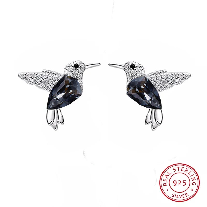 COCOM S925 Sterling Silver Hummingbird Crystal Stud Earrings for Women Girls Earrings 2021 Trend Christmas Fine Jewelry Gift
