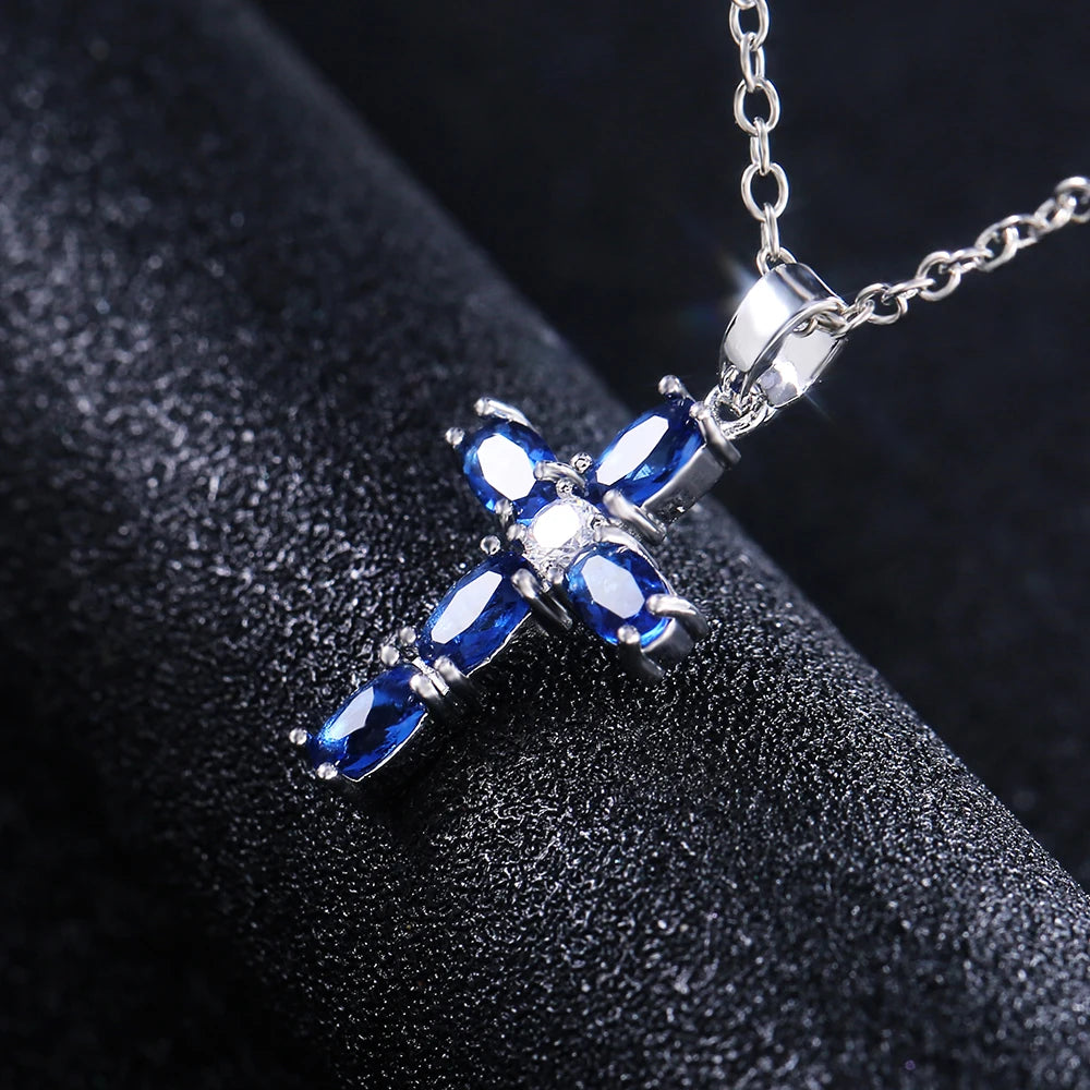 Huitan Fashion Oval Blue Stone Cross Pendant Delicate Women Necklace Daily Wear Anniversary Christmas Gift High Quality Jewelry