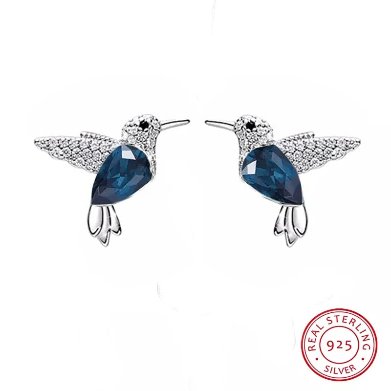 COCOM S925 Sterling Silver Hummingbird Crystal Stud Earrings for Women Girls Earrings 2021 Trend Christmas Fine Jewelry Gift