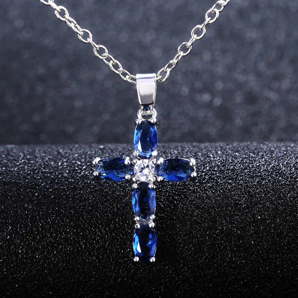 Huitan Fashion Oval Blue Stone Cross Pendant Delicate Women Necklace Daily Wear Anniversary Christmas Gift High Quality Jewelry